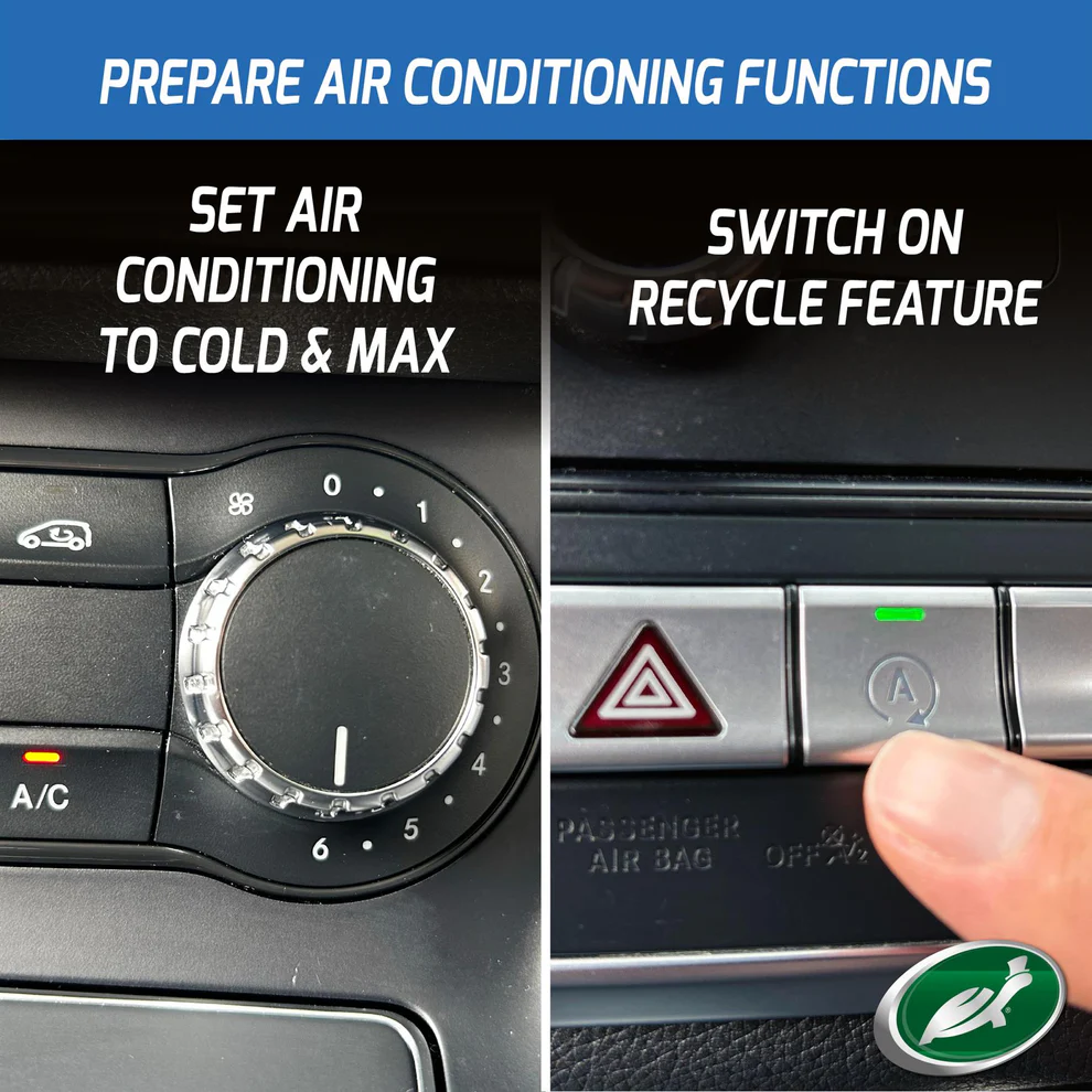 Set the vehicle air conditioning to cold with maximum fan speed and recirculation mode