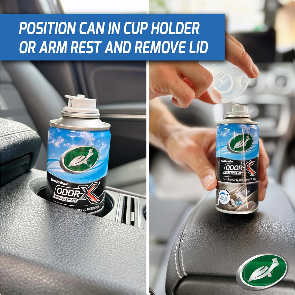 Position the Turtle Wax Odor-X Whole Car Blast can securely inside the vehicle