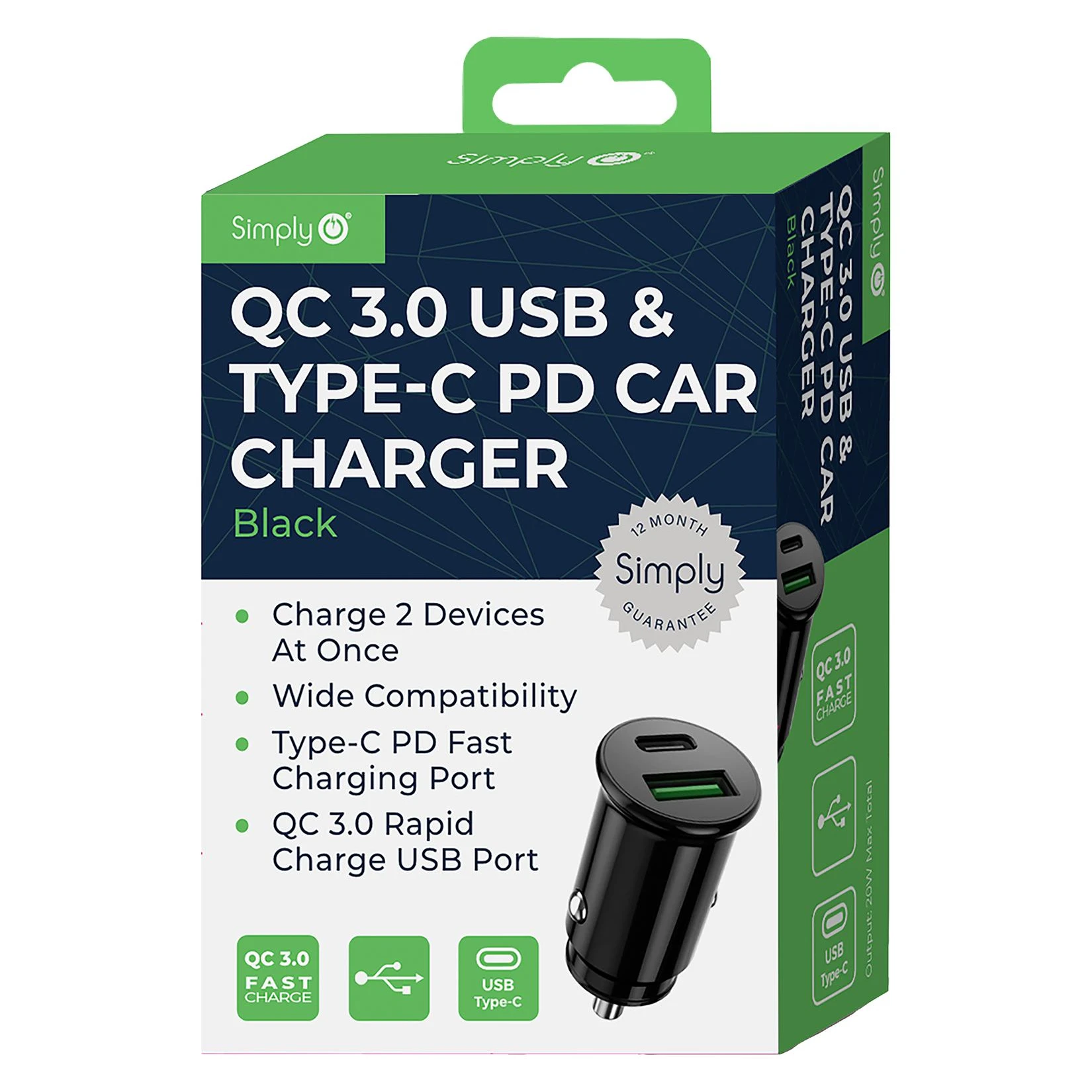 Simply QC 3.0 USB-A & USB-C PD Fast Car Charger Black