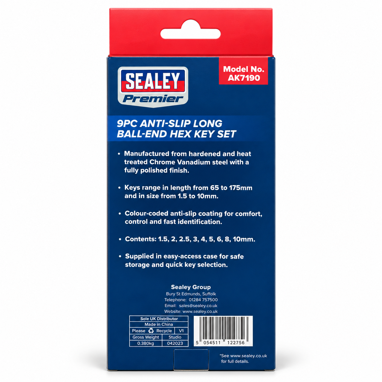 Sealey Premier Long Ball-End Hex Key Set Colour-Coded 9 Piece AK7190 - Image 4